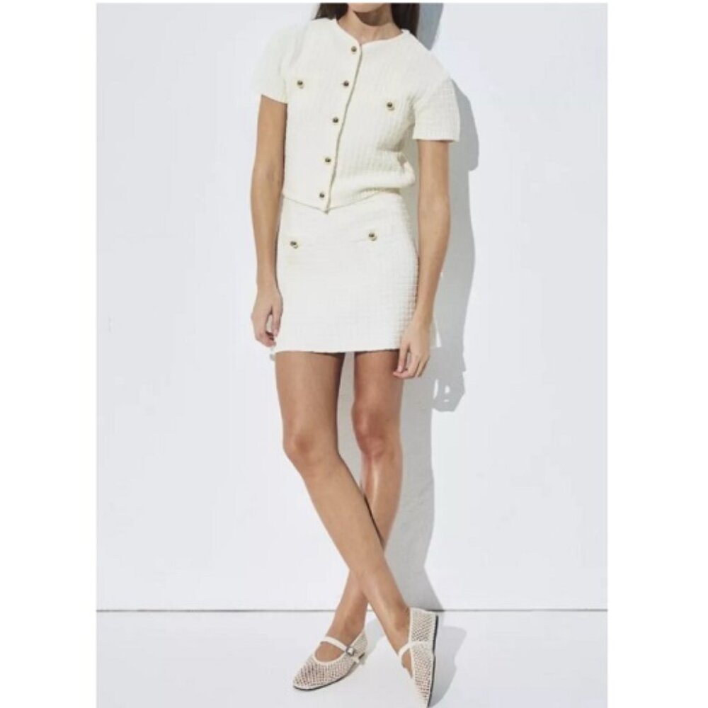 H&M 2 Piece Set in Cream Structured-knit Cardigan(M) & Textured-knit Skirt(S)